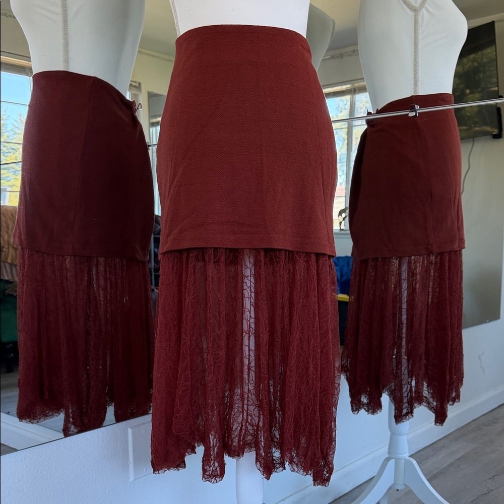 Free People Burgundy Lace High-Low Midi Skirt